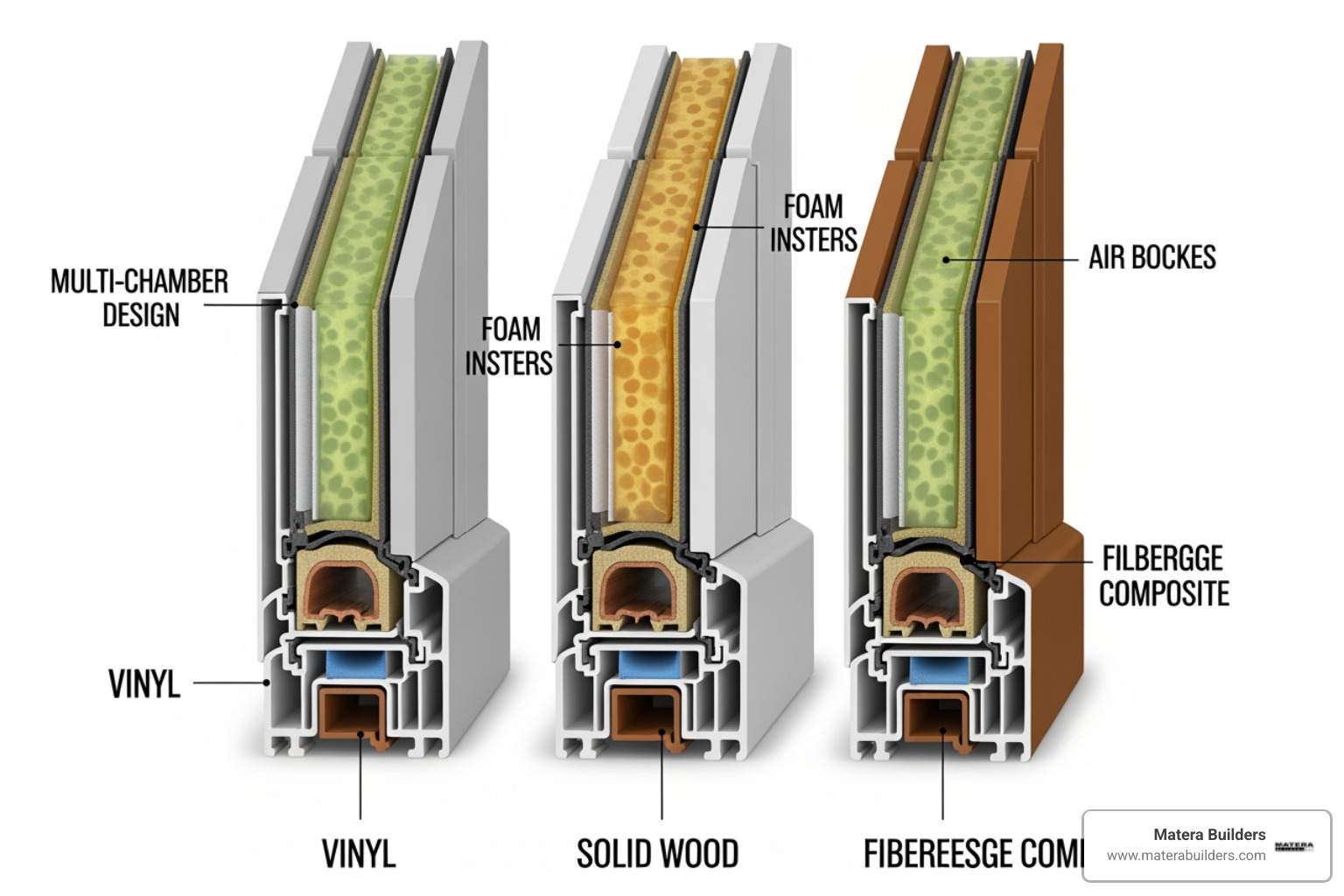 different window frame cross-sections showing vinyl, wood, and fiberglass - cost to install double pane windows
