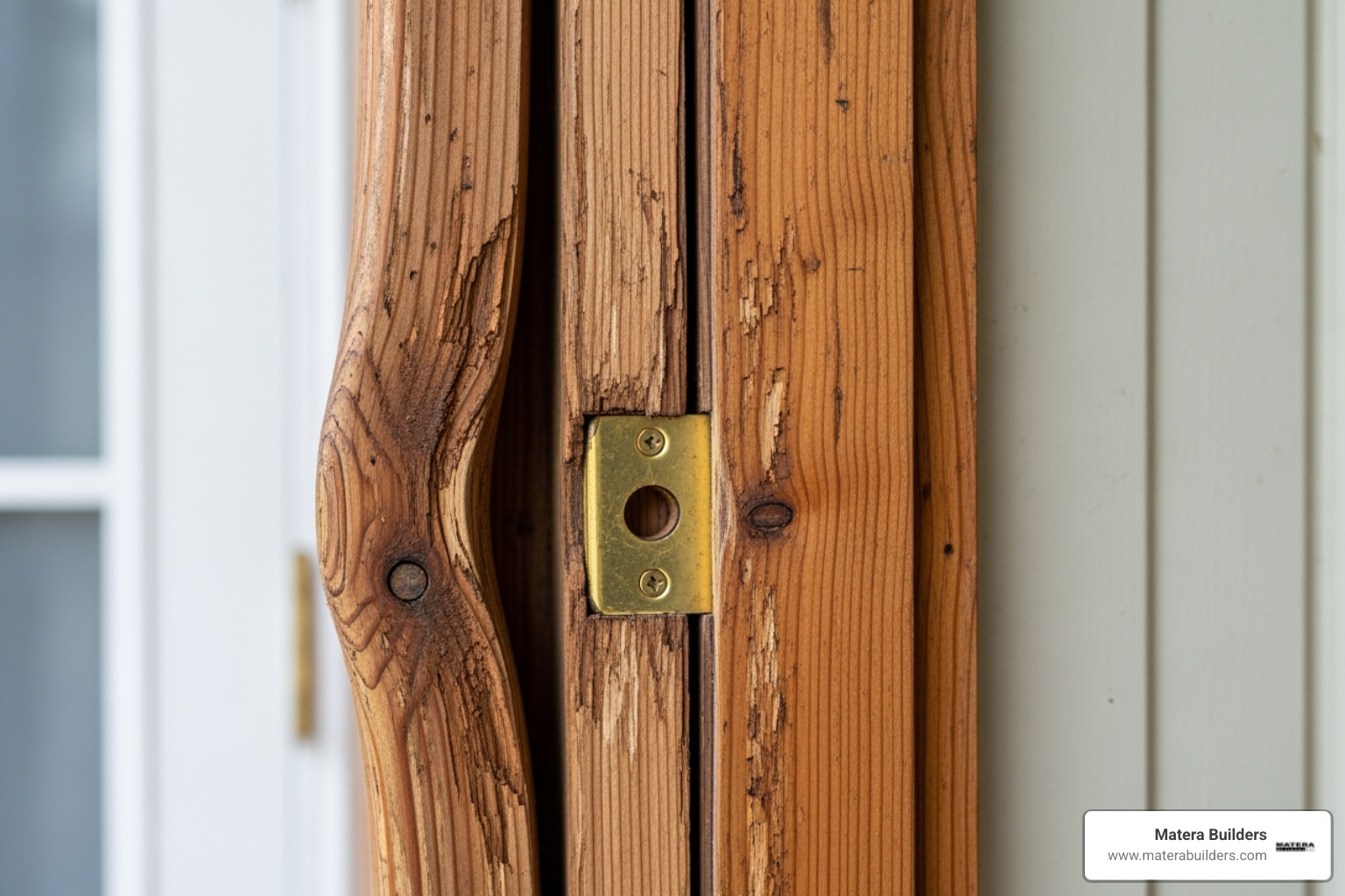 Warped door frame showing signs of water damage and poor alignment - Front door replacement NJ