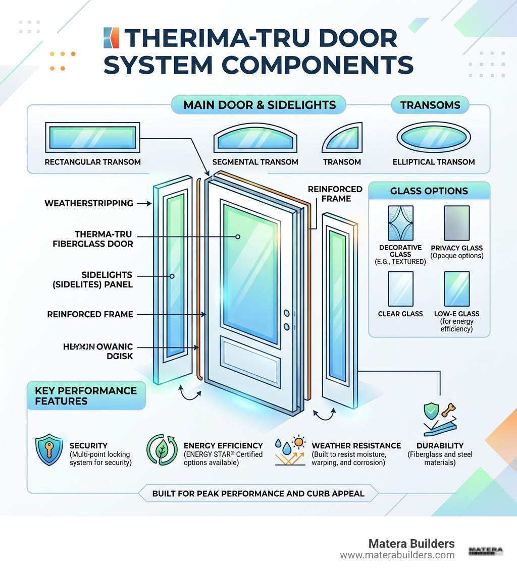 Therma-Tru door system components infographic showing door, sidelites, transoms, glass options, and key performance features