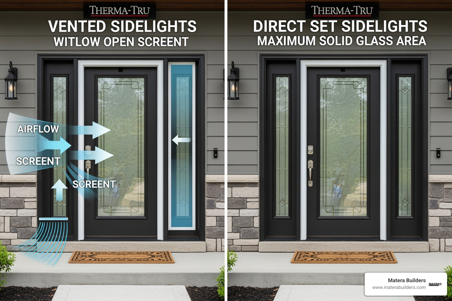 Comparison of vented vs direct set sidelights showing airflow vs maximum glass area - therma tru front door with sidelights