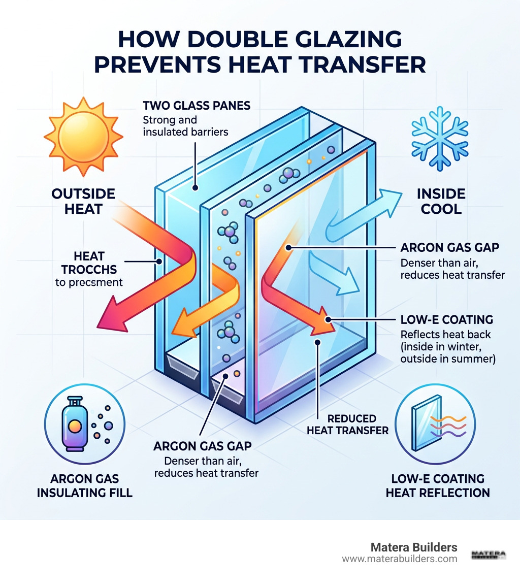 Infographic showing how double glazing prevents heat transfer with two glass panes, argon gas gap, and low-E coating
