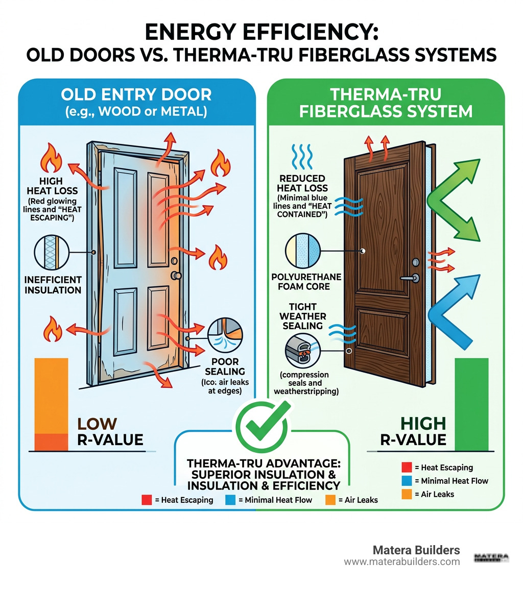 Infographic showing heat loss through old entry doors vs Therma-Tru fiberglass systems with R-value comparison - therma tru Infographic showing heat loss through old entry doors vs Therma-Tru fiberglass systems with R-value comparison - therma tru