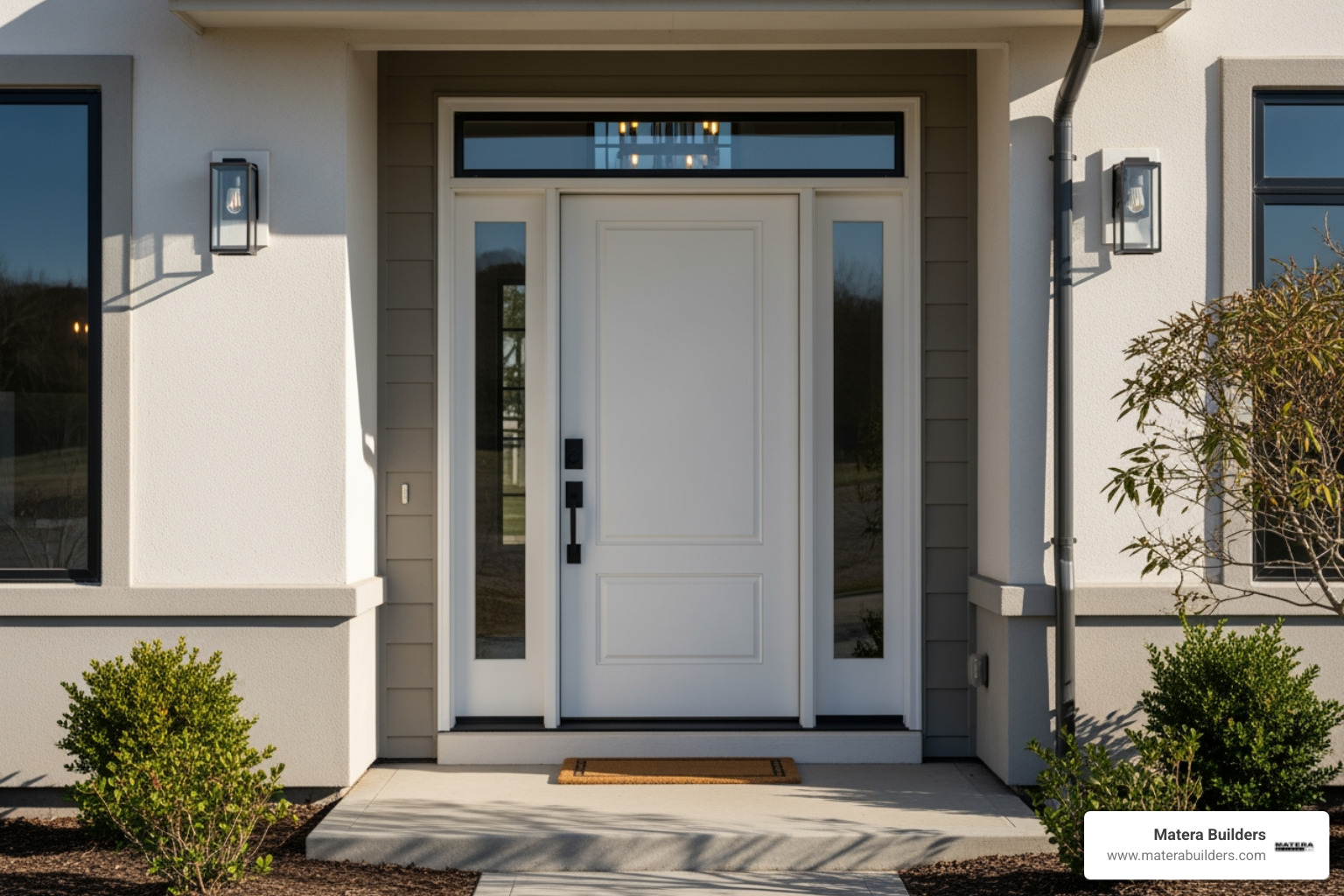 a high-quality fiberglass entry door installed on a modern home - cost of entry door installation