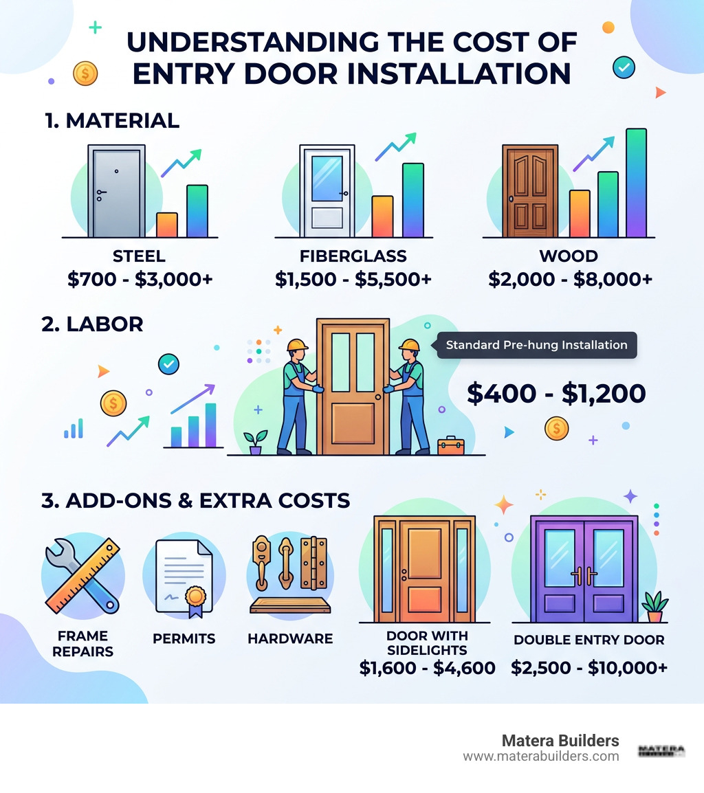 infographic showing entry door cost breakdown by material type, labor, and add-ons - cost of entry door installation
