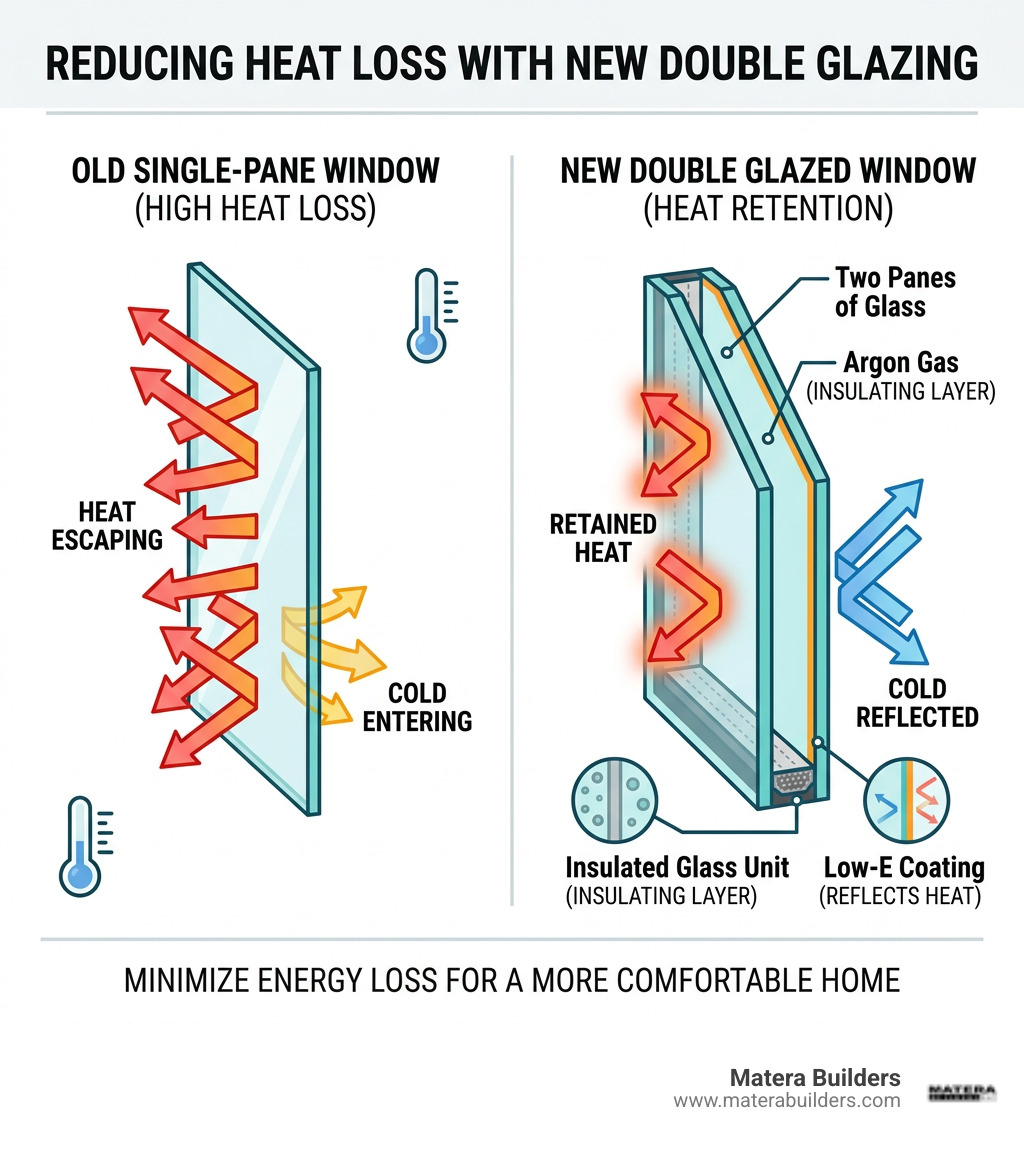 infographic showing heat escaping through single-pane glass vs. retained heat in a double glazed window with argon gas and