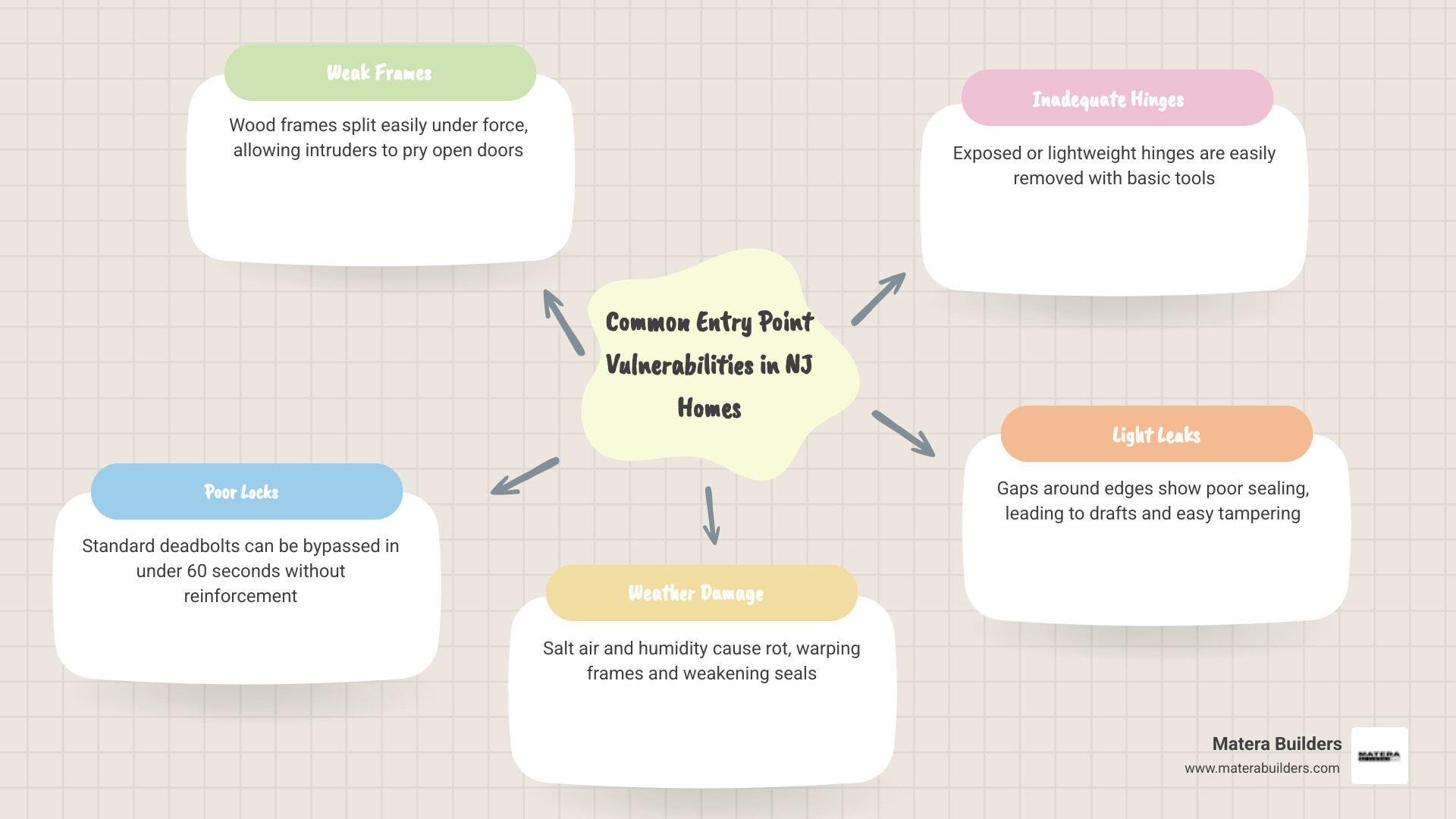 Infographic showing common entry point vulnerabilities in NJ homes including weak frames, poor locks, and weather damage Infographic showing common entry point vulnerabilities in NJ homes including weak frames, poor locks, and weather damage