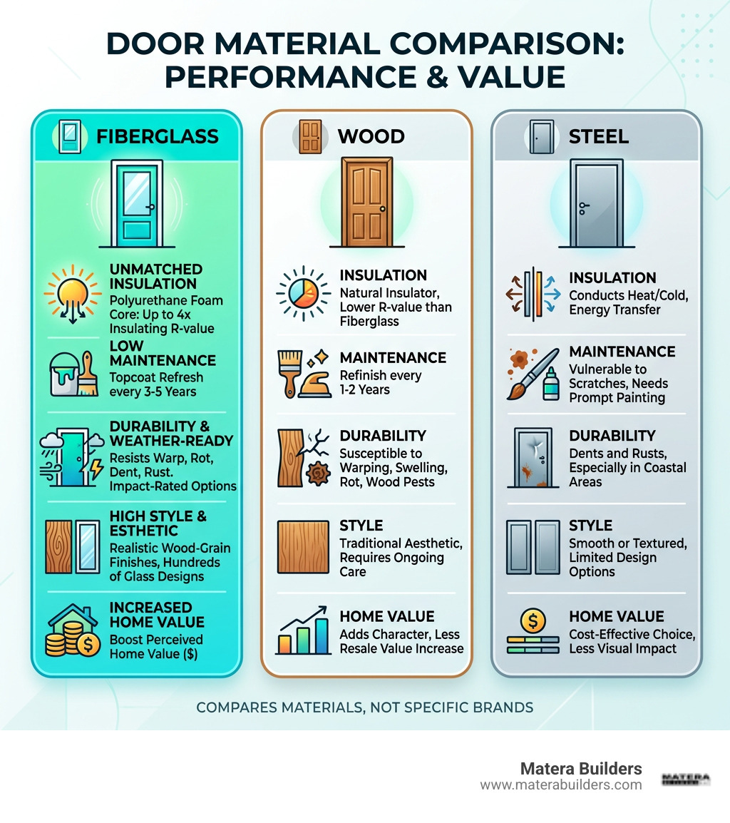 Comparison of fiberglass wood and steel door materials - therma tru fiberglass entry doors infographic 