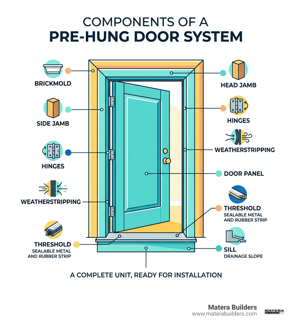 Infographic showing the components of a pre-hung door system including jamb, sill, brickmold, hinges, weatherstripping, and Infographic showing the components of a pre-hung door system including jamb, sill, brickmold, hinges, weatherstripping, and