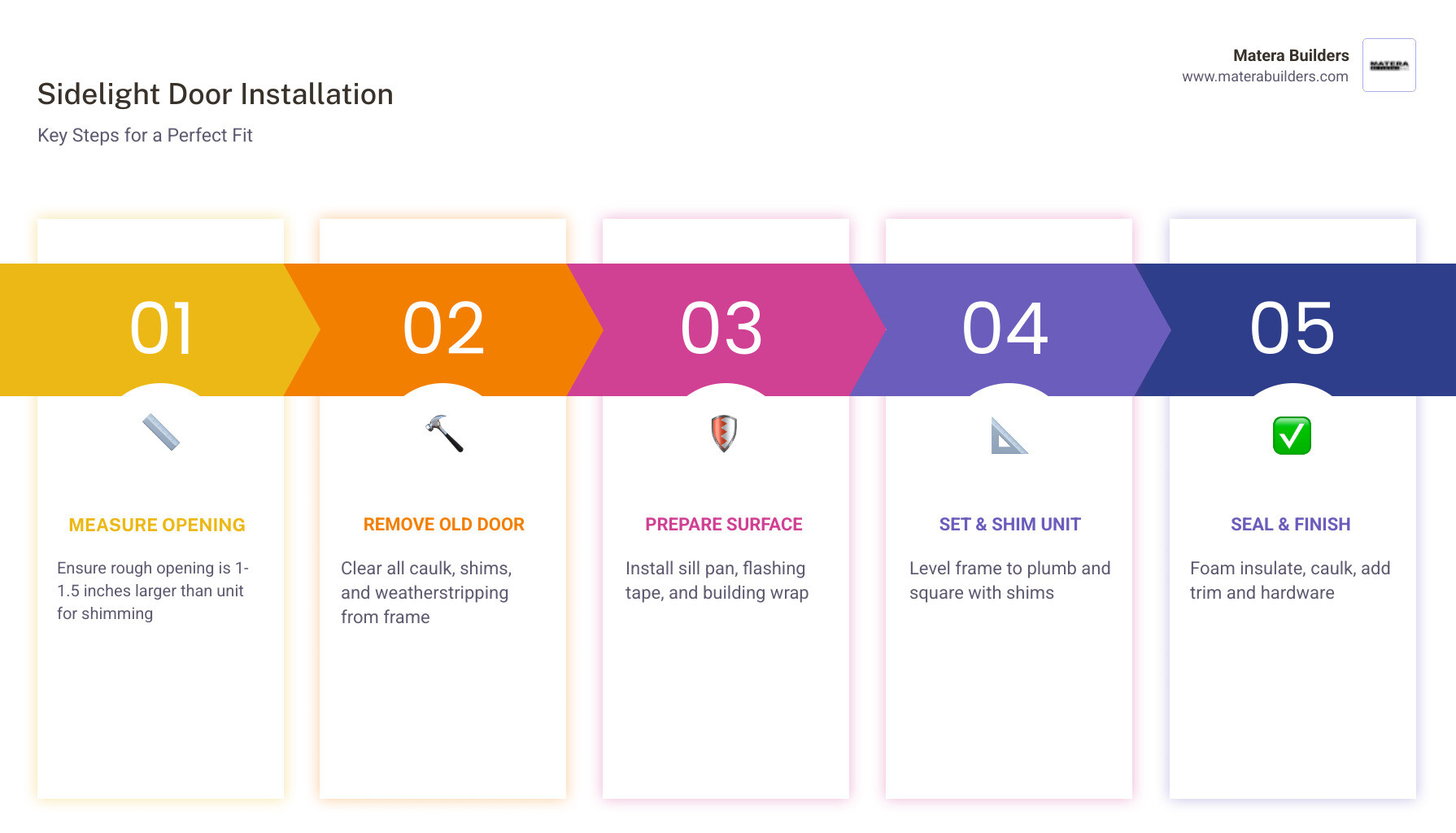 Steps and components of a sidelight door installation process infographic - Sidelight door installation infographic