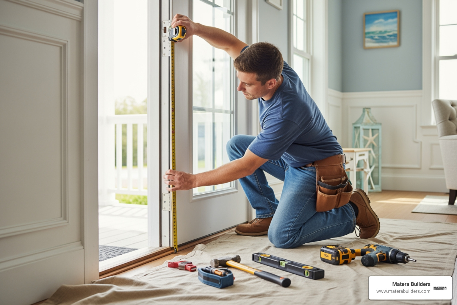 Contractor measuring a door frame for sidelight door installation - Sidelight door installation