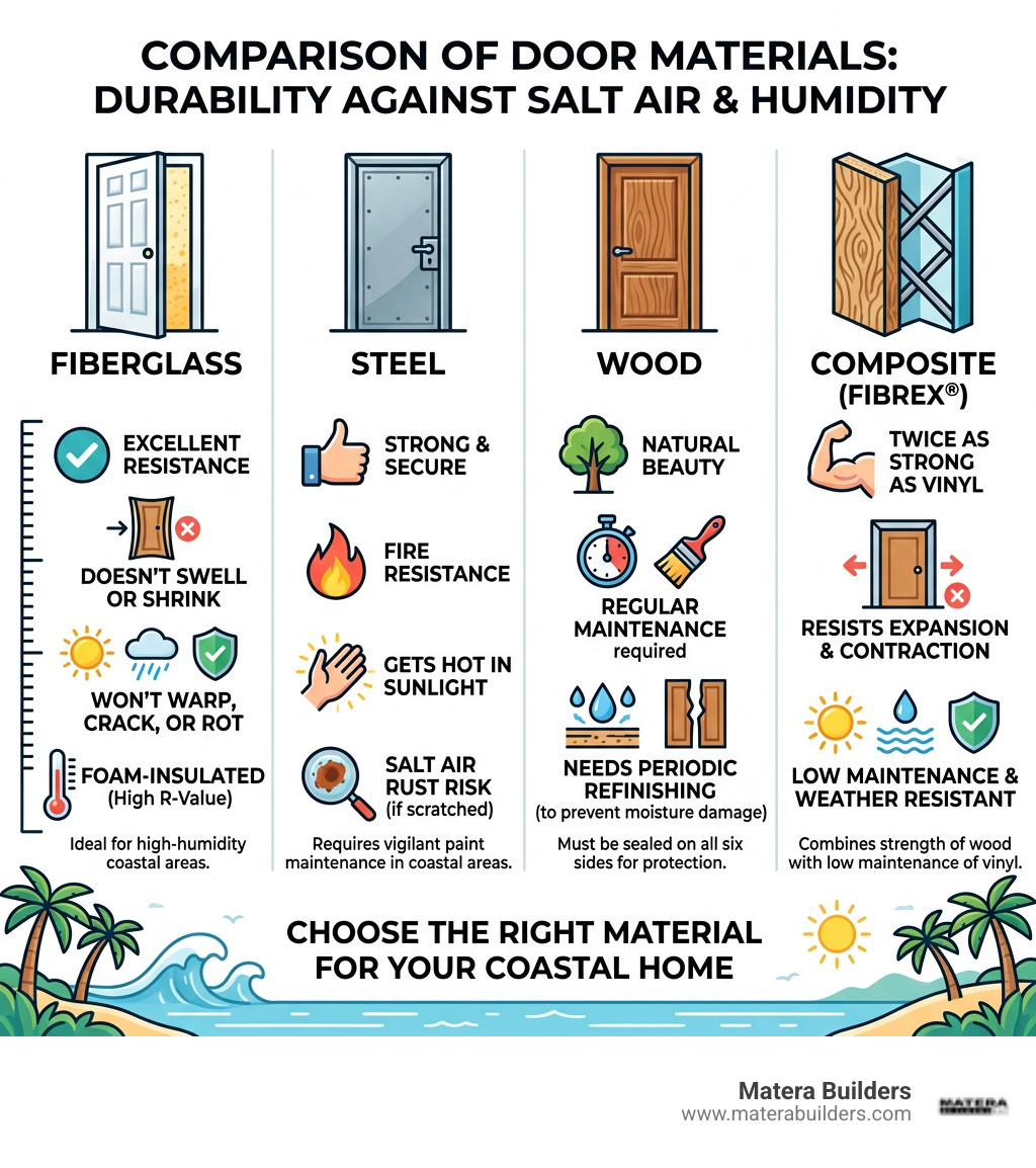 Comparison of door materials showing durability against salt air and humidity - entry door installation infographic 