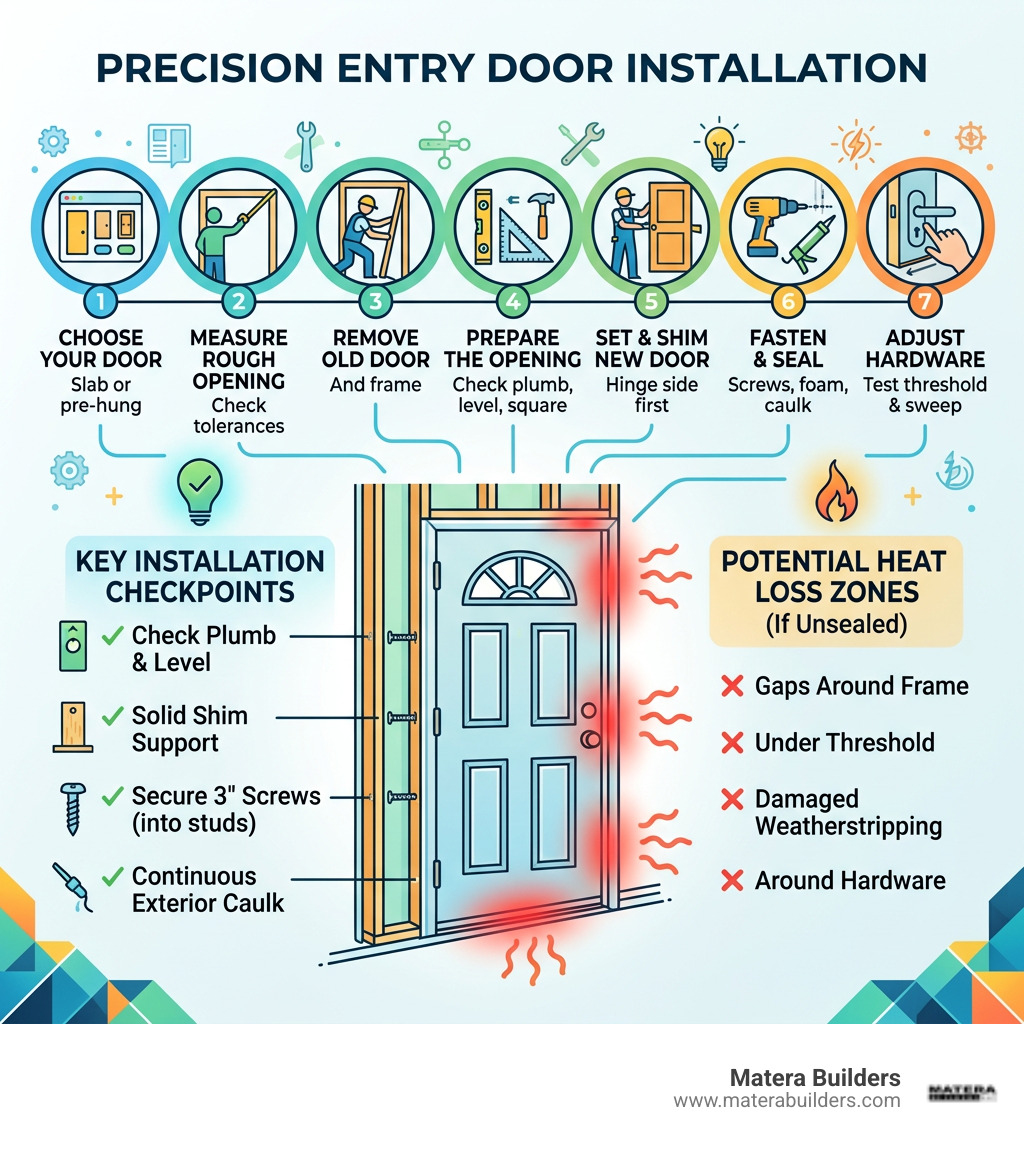 Step-by-step entry door installation process with heat loss zones and key installation checkpoints - entry door installation