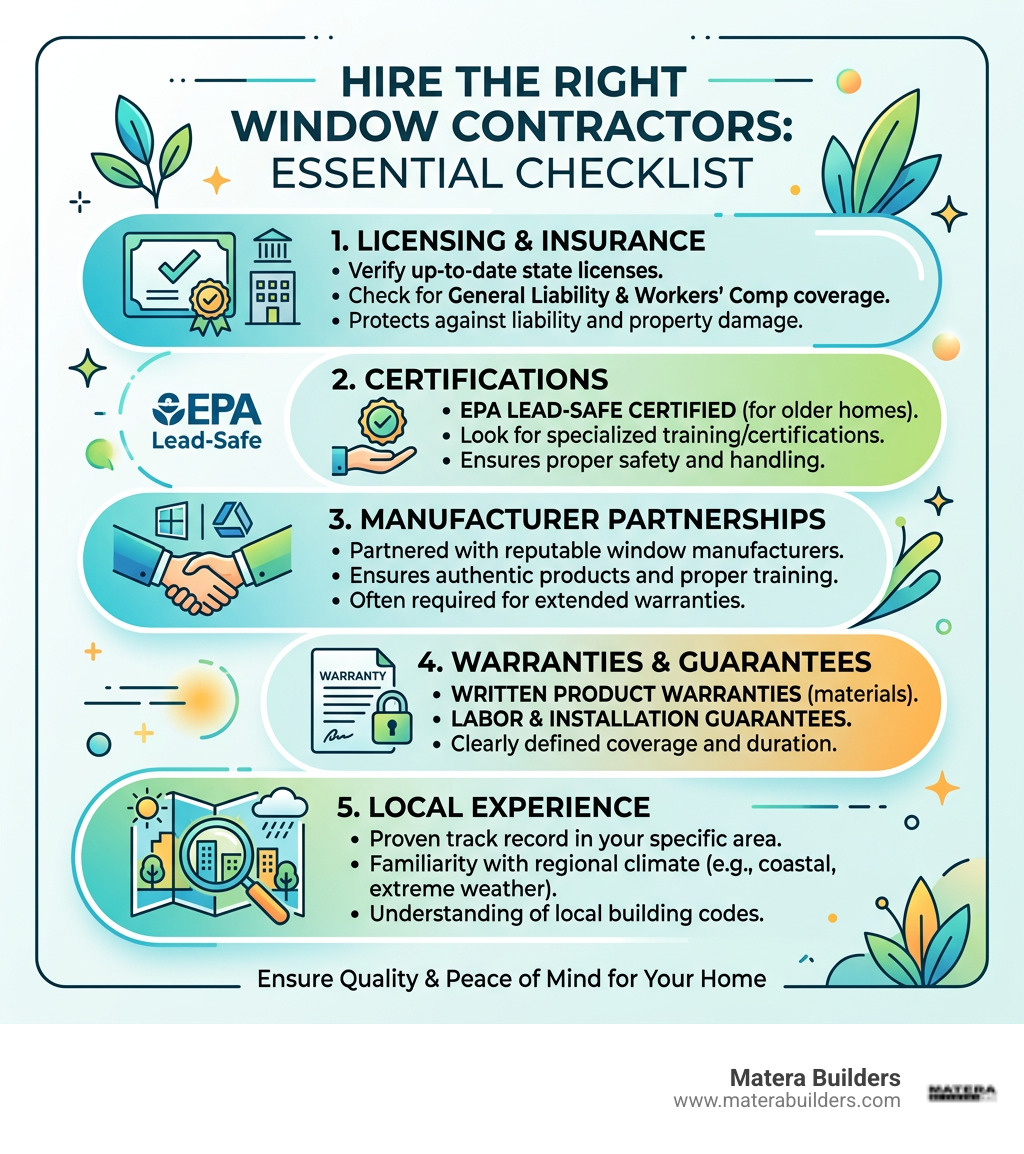 Checklist infographic for hiring new window contractors: licensing, insurance, certifications, warranties, and local
