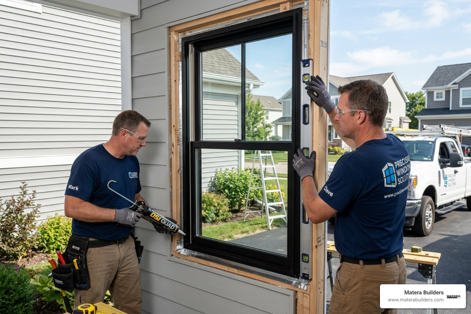 Professional window installation process showing precision leveling and sealing - new window contractors