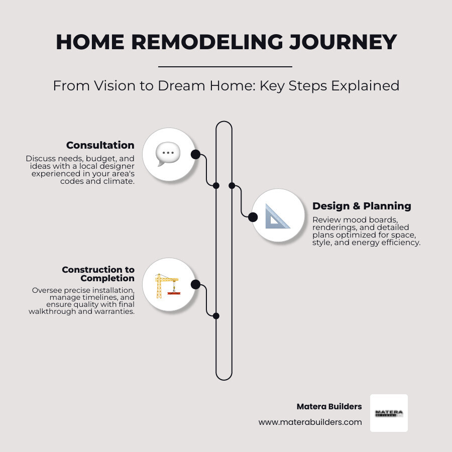 Infographic showing the home remodeling journey from consultation to project completion with key steps - home remodel