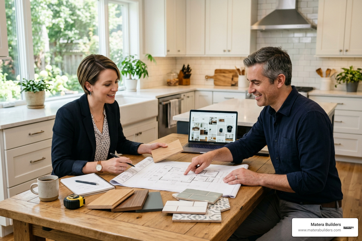 A professional designer reviewing blueprints and material samples with a homeowner at a kitchen table - home remodel