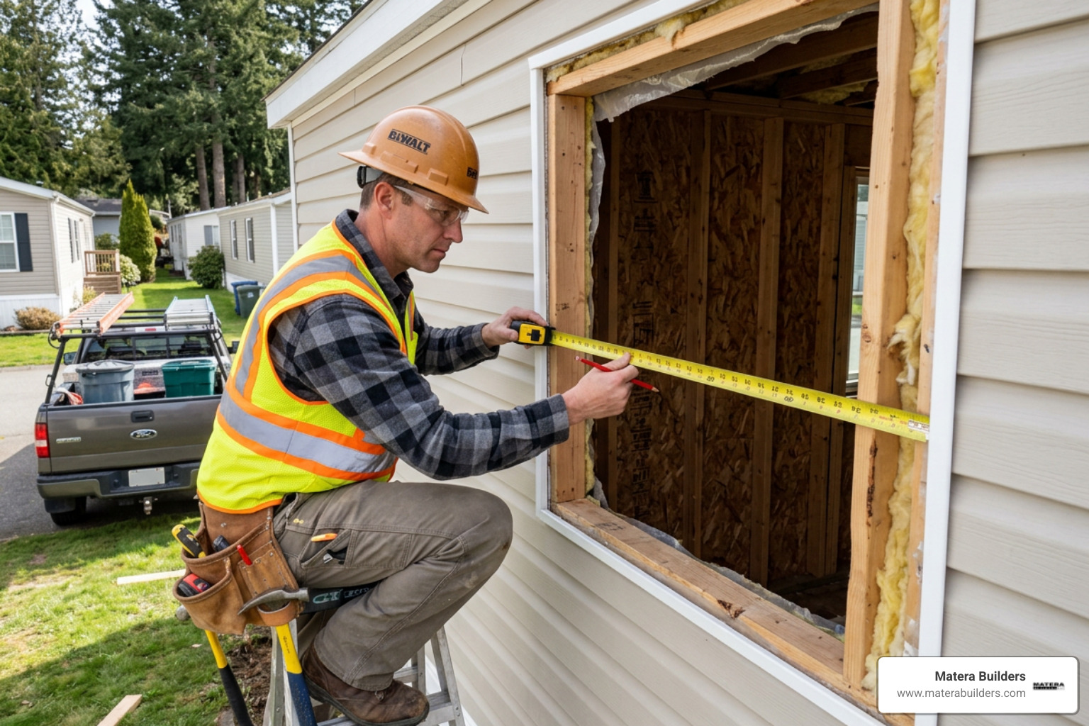 Contractor accurately measuring a mobile home window rough opening with a tape measure - how to replace mobile home windows