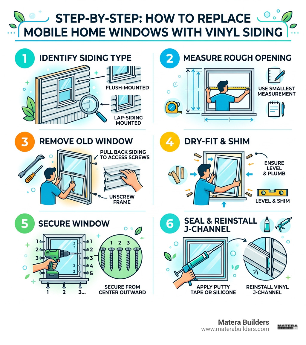 Step-by-step infographic: how to replace mobile home windows with vinyl siding including measurement, removal, installation