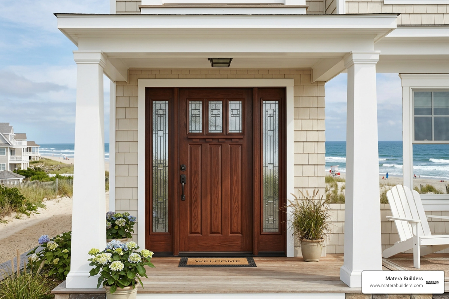 Craftsman style double entry doors in a coastal home setting - therma tru double entry doors
