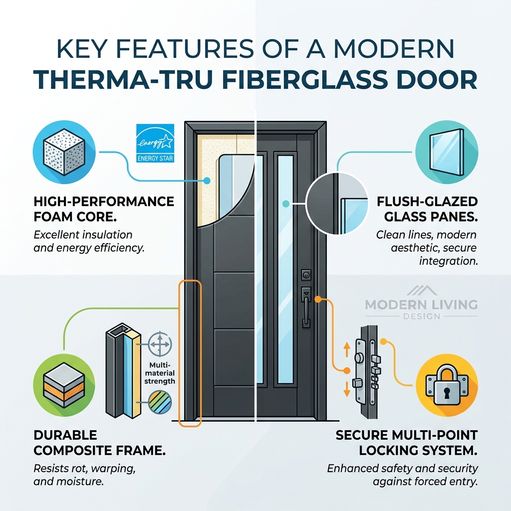 Infographic showing key features of therma-tru modern fiberglass door: foam core, flush glass, composite frame, locking Infographic showing key features of therma-tru modern fiberglass door: foam core, flush glass, composite frame, locking
