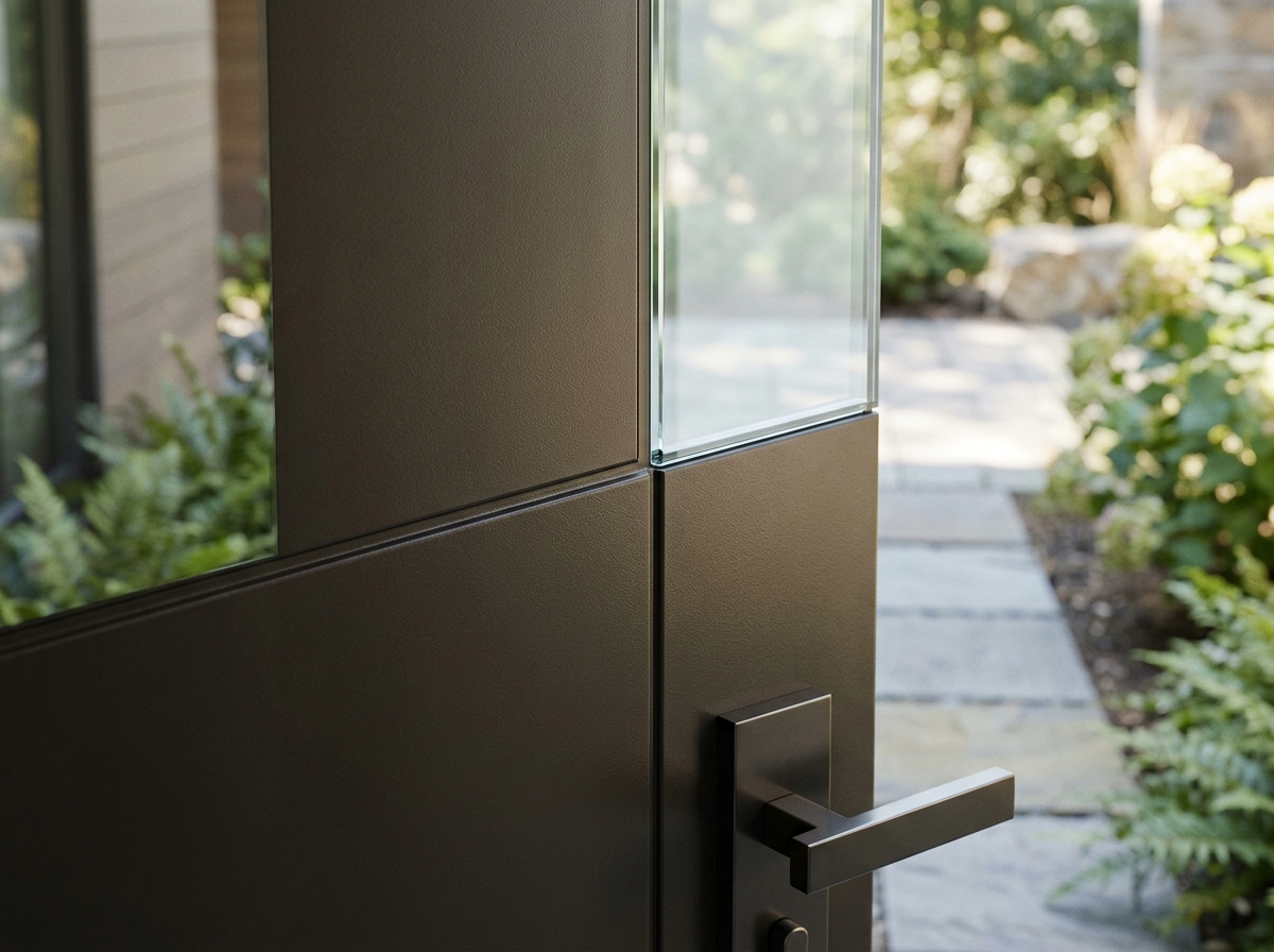 Close-up of flush-glazed glass showing the seamless transition between fiberglass and glass - therma tru modern doors Close-up of flush-glazed glass showing the seamless transition between fiberglass and glass - therma tru modern doors
