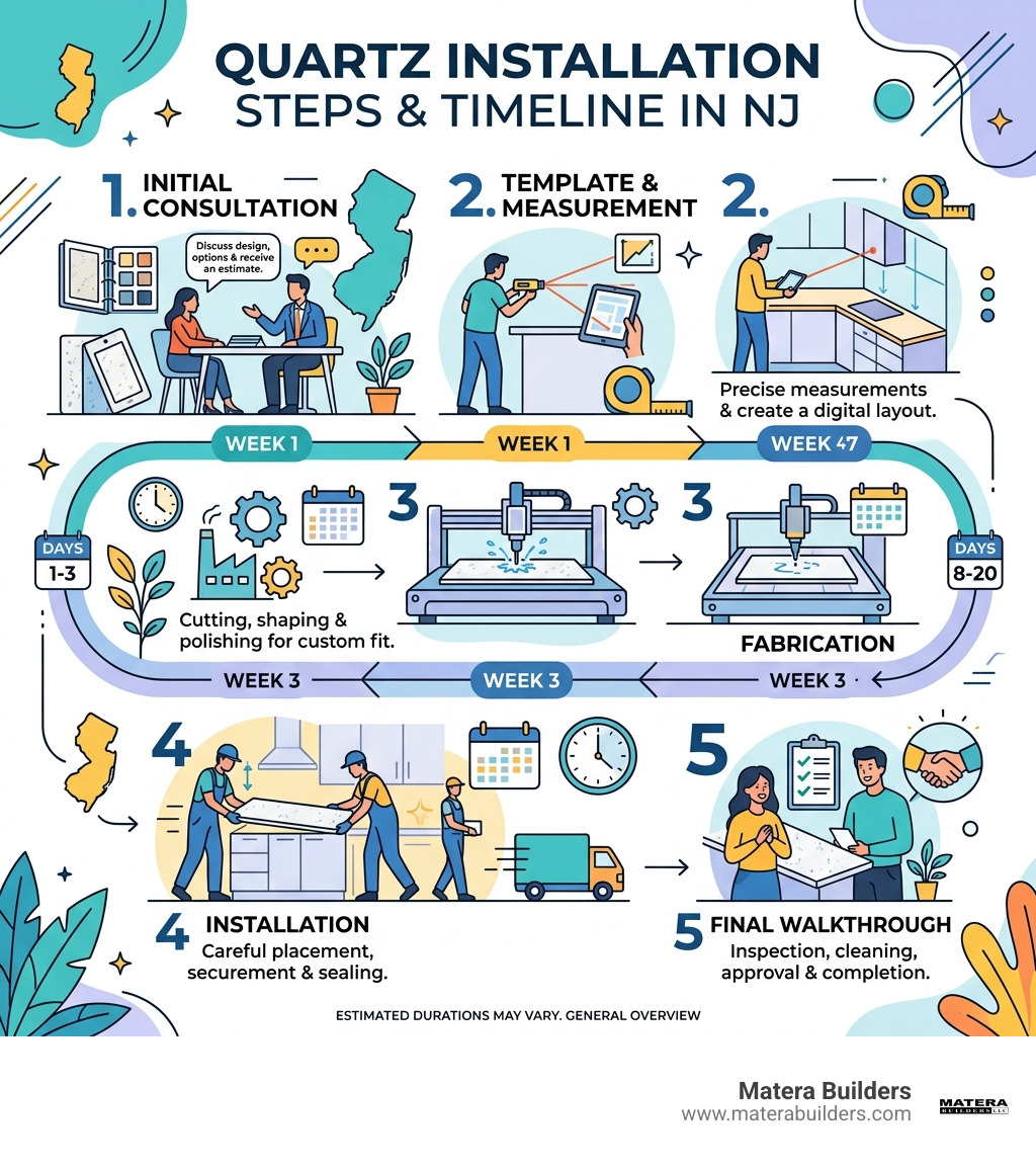 Infographic of quartz installation steps and timeline in NJ - Quartz countertop installation NJ infographic 