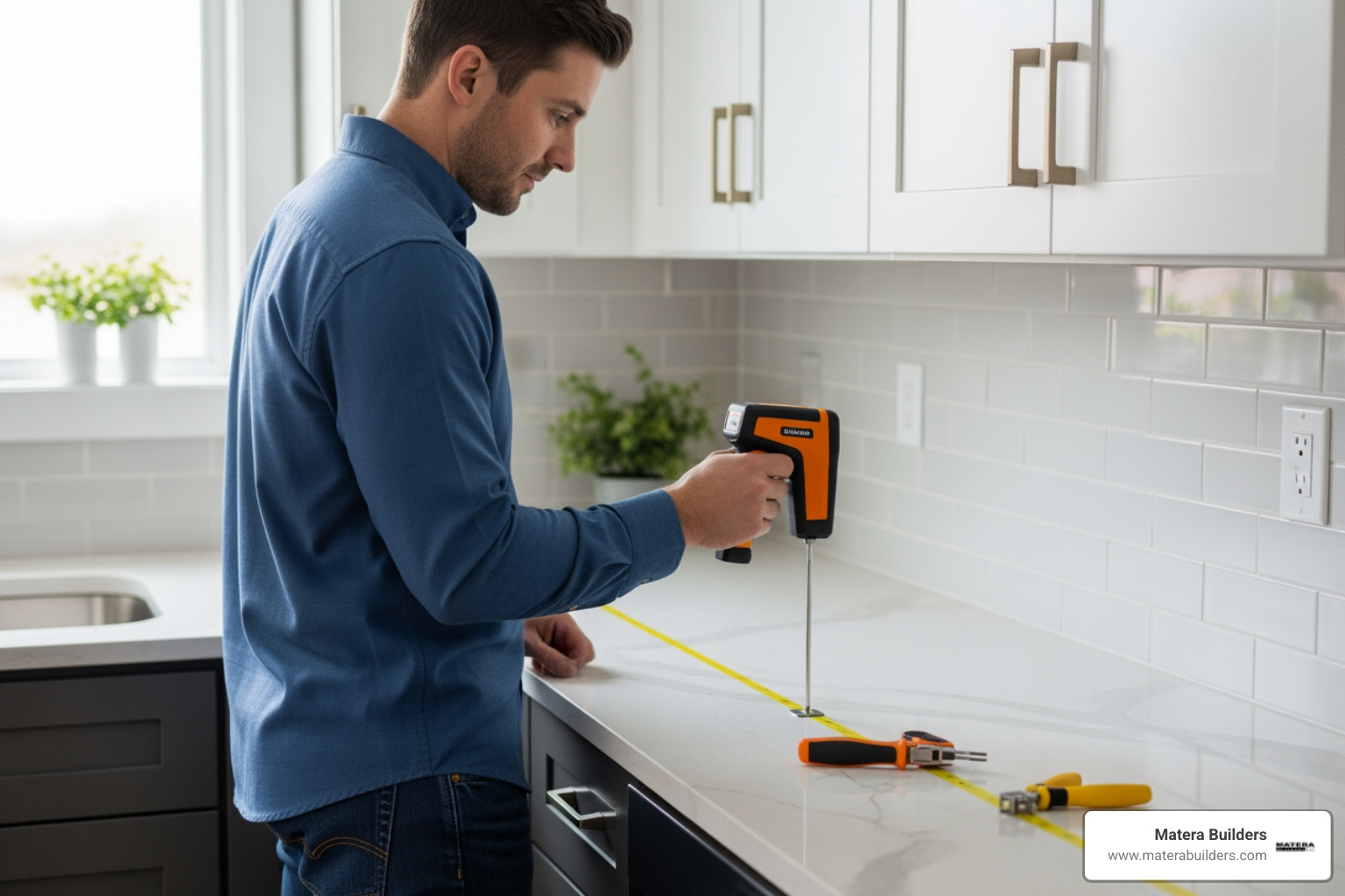 Technician using a laser templator to measure a kitchen for quartz countertops - Quartz countertop installation NJ Technician using a laser templator to measure a kitchen for quartz countertops - Quartz countertop installation NJ