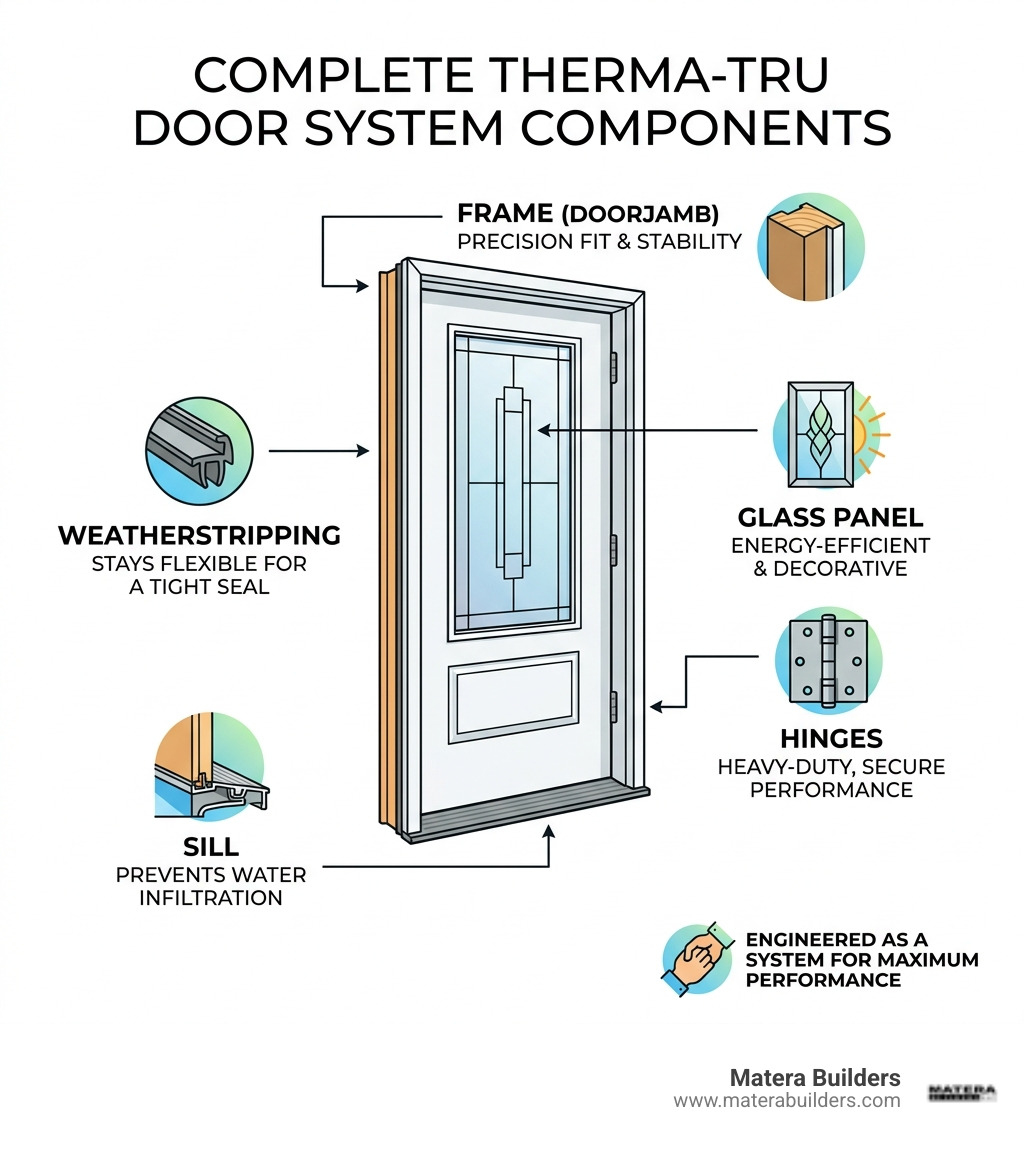 Complete Therma-Tru door system components including frame, sill, weatherstripping, hinges, and glass panel infographic Complete Therma-Tru door system components including frame, sill, weatherstripping, hinges, and glass panel infographic