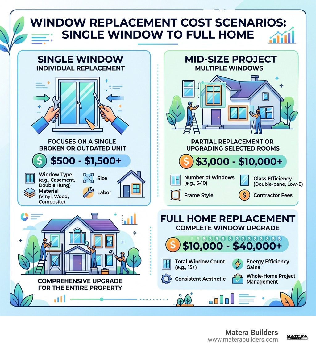 Infographic of window replacement cost scenarios from single window to full home infographic Infographic of window replacement cost scenarios from single window to full home infographic