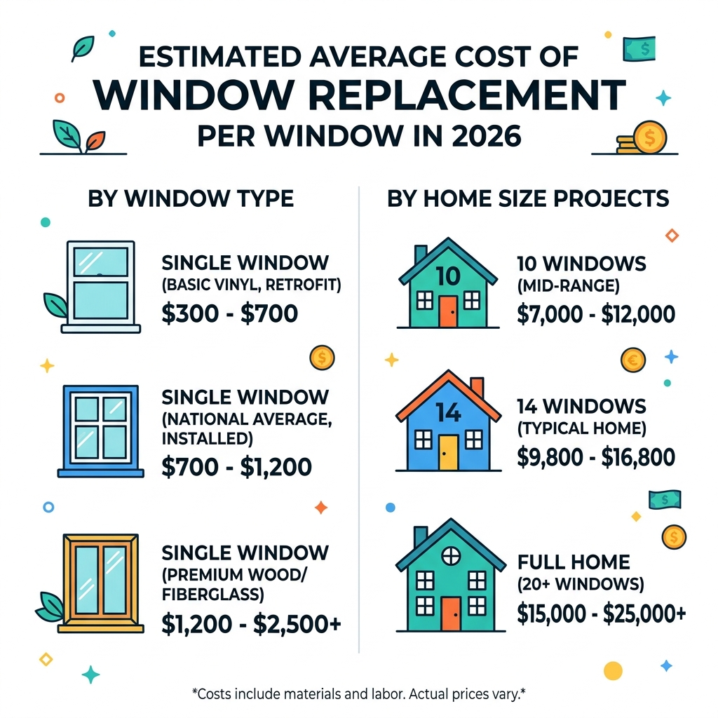infographic showing average cost of window replacement per window ranges by type and home size - average cost of window infographic showing average cost of window replacement per window ranges by type and home size - average cost of window