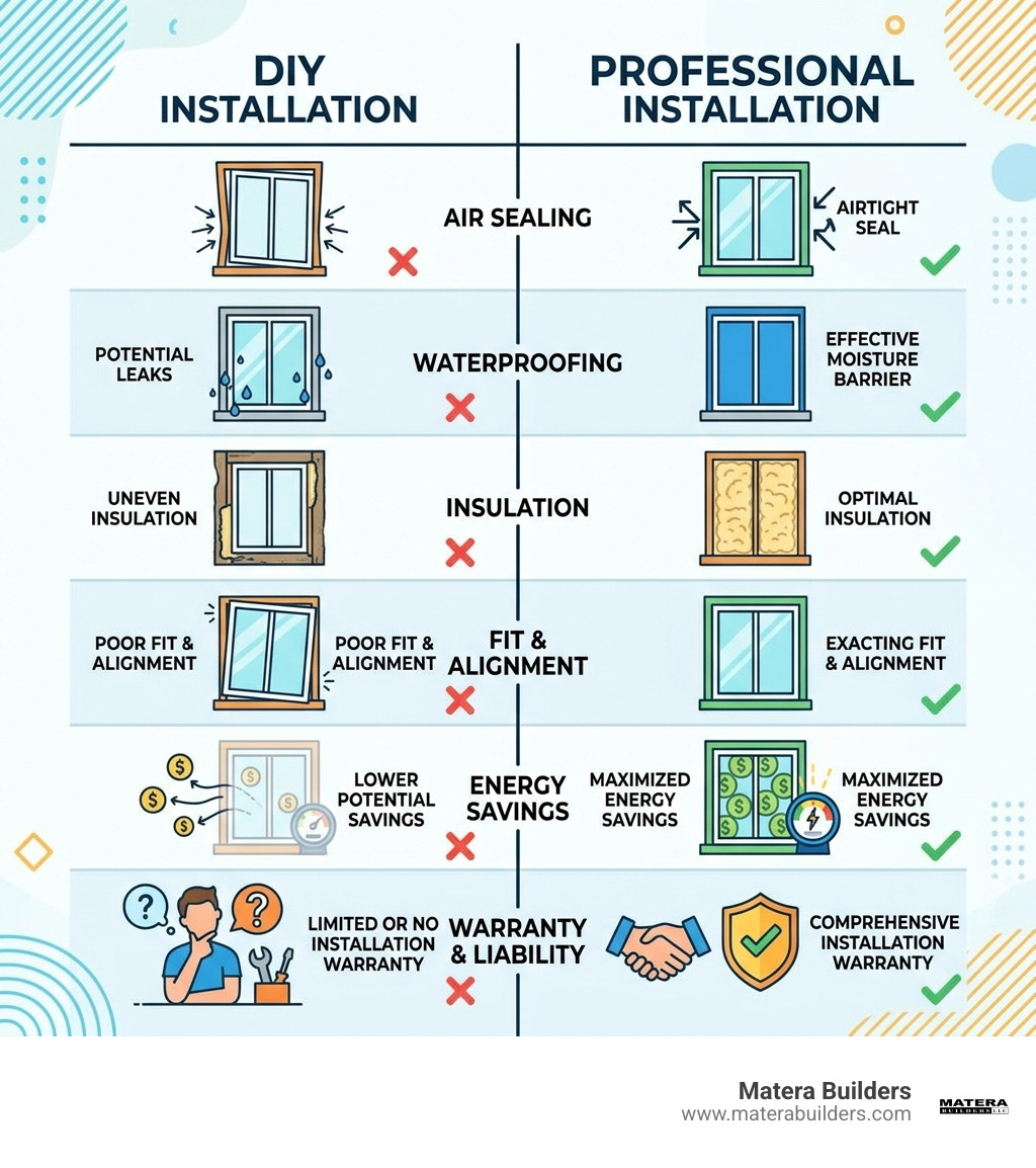 Infographic comparing DIY vs professional window installation quality infographic Infographic comparing DIY vs professional window installation quality infographic