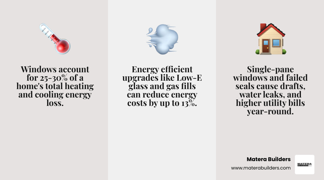 infographic showing how windows account for 25-30% of home heat loss and top upgrade options - Energy efficient window infographic showing how windows account for 25-30% of home heat loss and top upgrade options - Energy efficient window