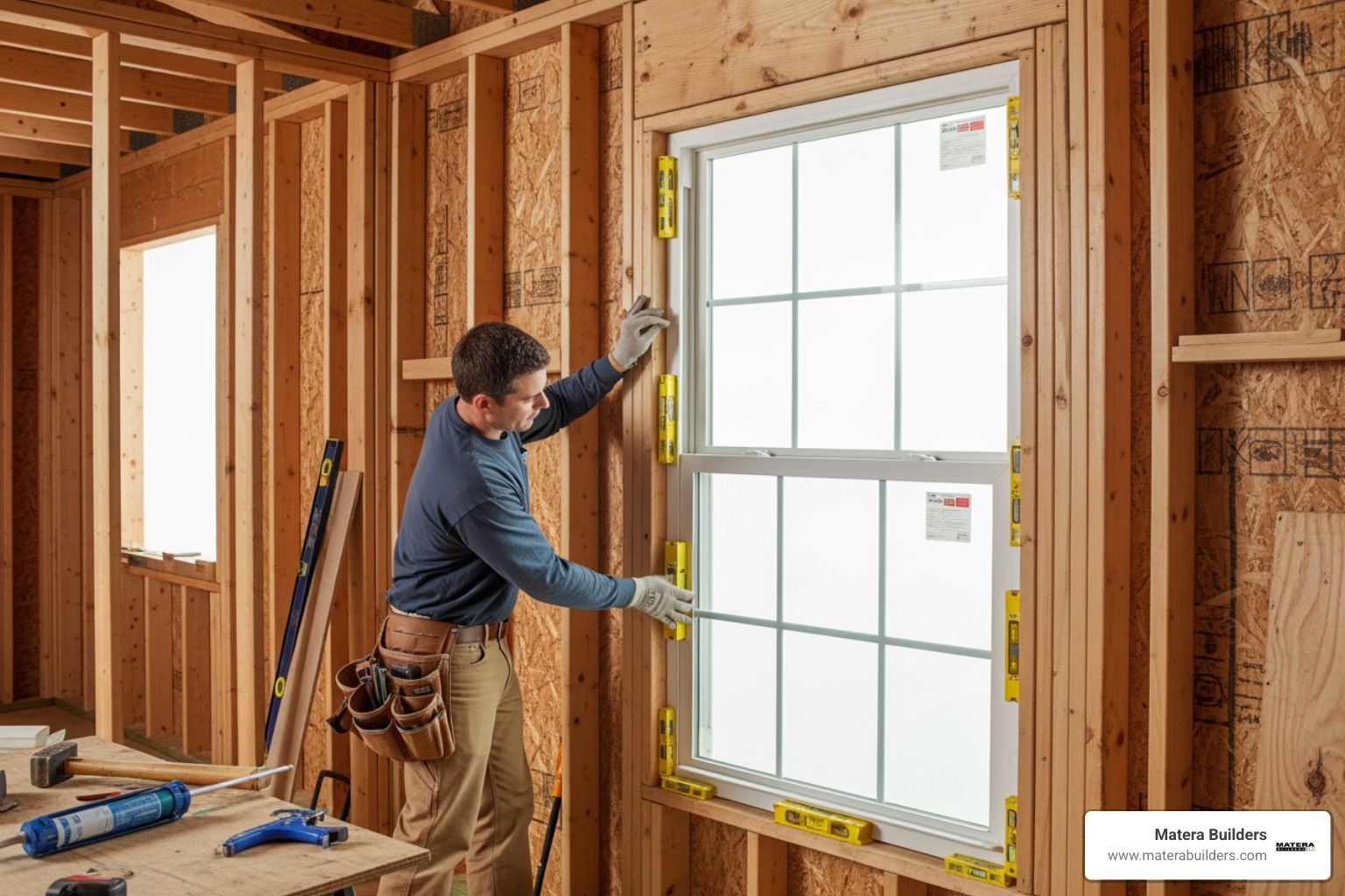 A new window unit being carefully set into a prepared rough opening A new window unit being carefully set into a prepared rough opening