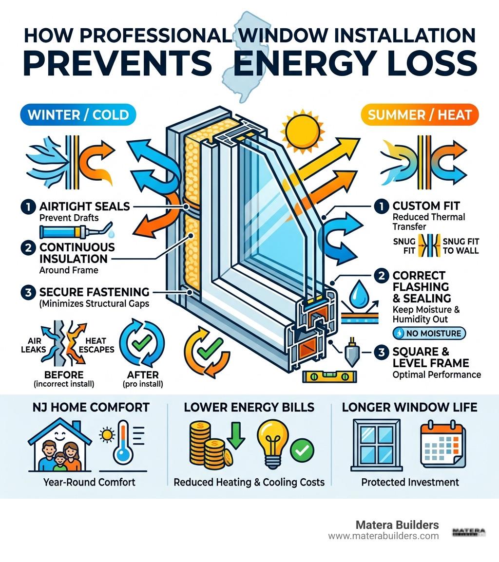 Infographic showing how professional window installation prevents energy loss in New Jersey homes - Professional window Infographic showing how professional window installation prevents energy loss in New Jersey homes - Professional window