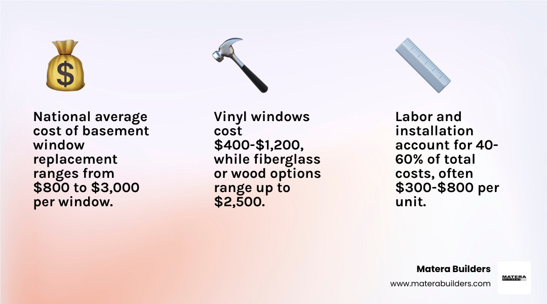 Infographic of basement window replacement cost ranges infographic