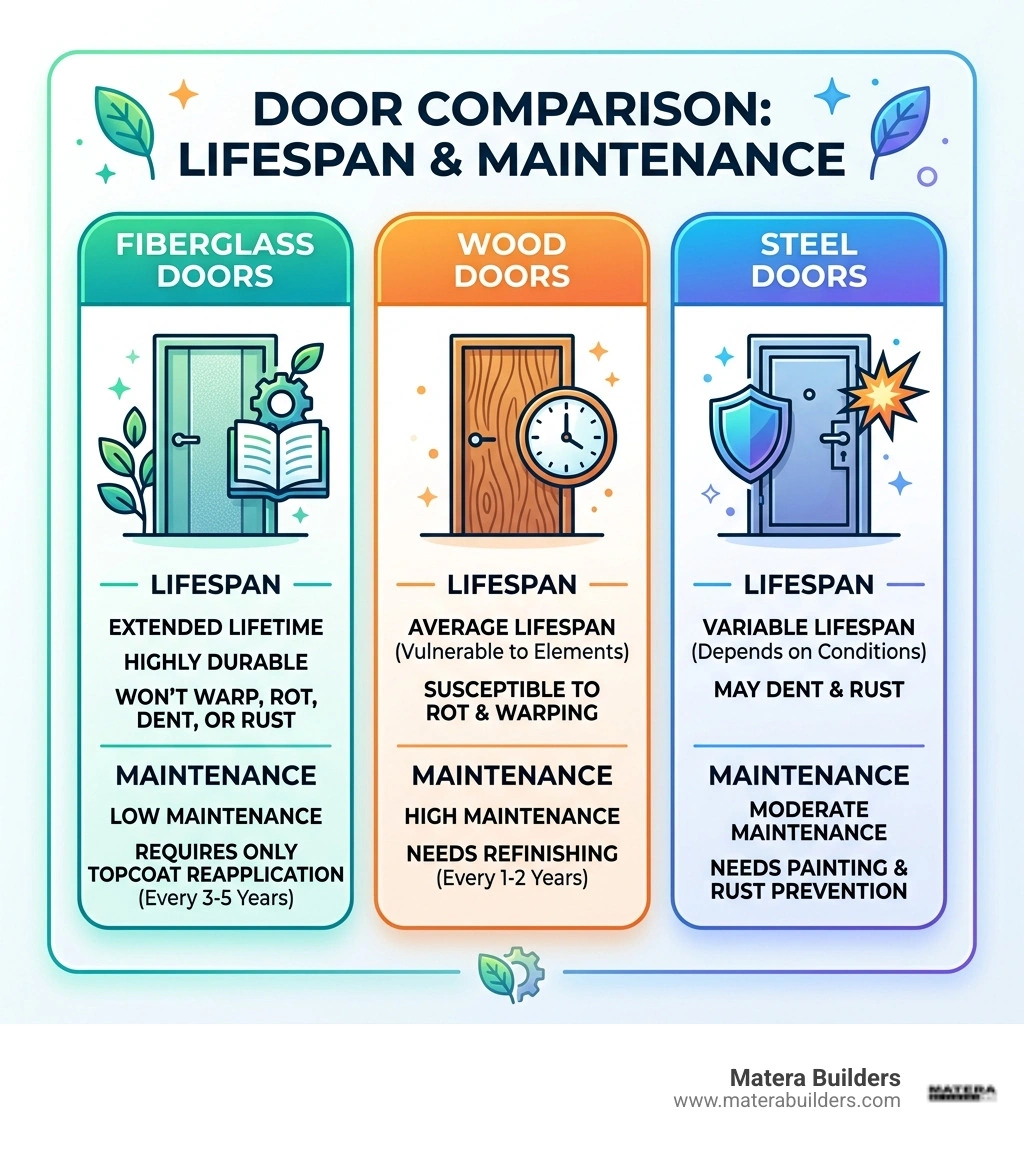 Infographic comparing fiberglass door lifespan and maintenance vs wood and steel doors - therma tru fiberglass front door