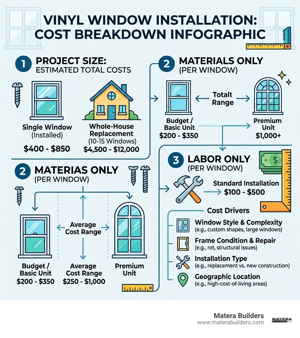 Vinyl window installation cost breakdown infographic showing price ranges by project size, labor, and materials - average Vinyl window installation cost breakdown infographic showing price ranges by project size, labor, and materials - average