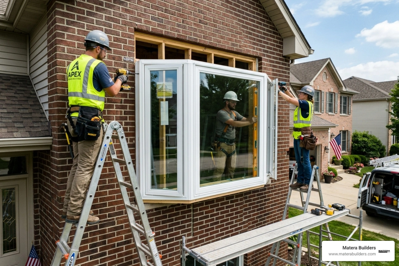 Professional window installation team securing a large bay window frame - average cost to install bay window Professional window installation team securing a large bay window frame - average cost to install bay window