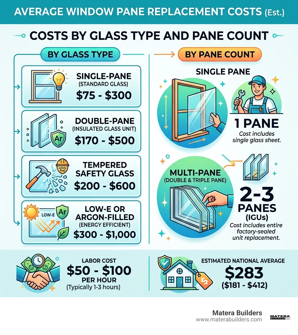 Infographic showing average window pane replacement costs by glass type and pane count - average cost to replace a window