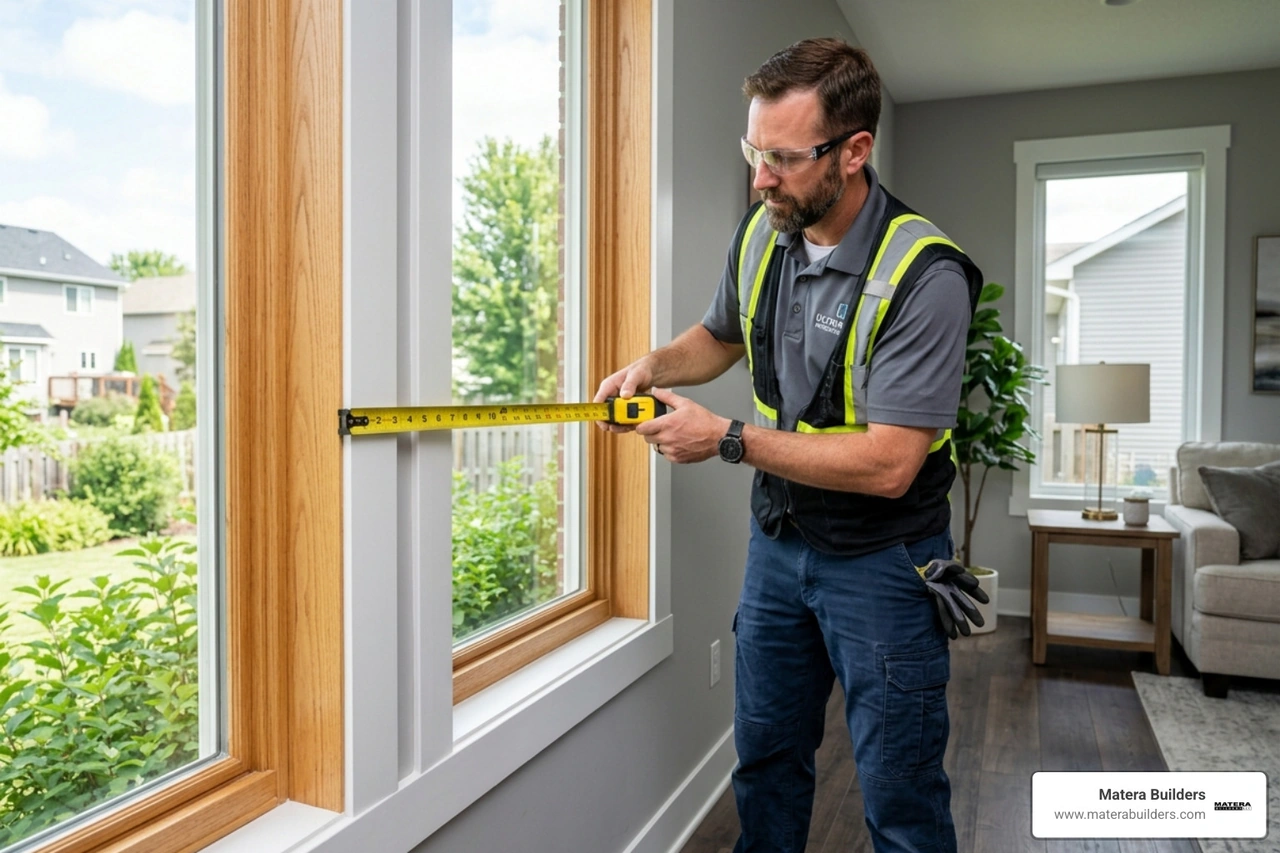 Professional window installer measuring a frame for a new glass unit - average cost to replace a window pane
