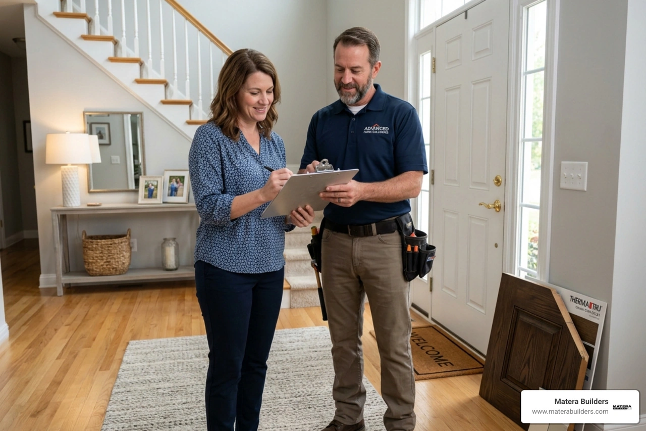 Homeowner and contractor reviewing a detailed project estimate for a new front door - therma tru front door cost Homeowner and contractor reviewing a detailed project estimate for a new front door - therma tru front door cost