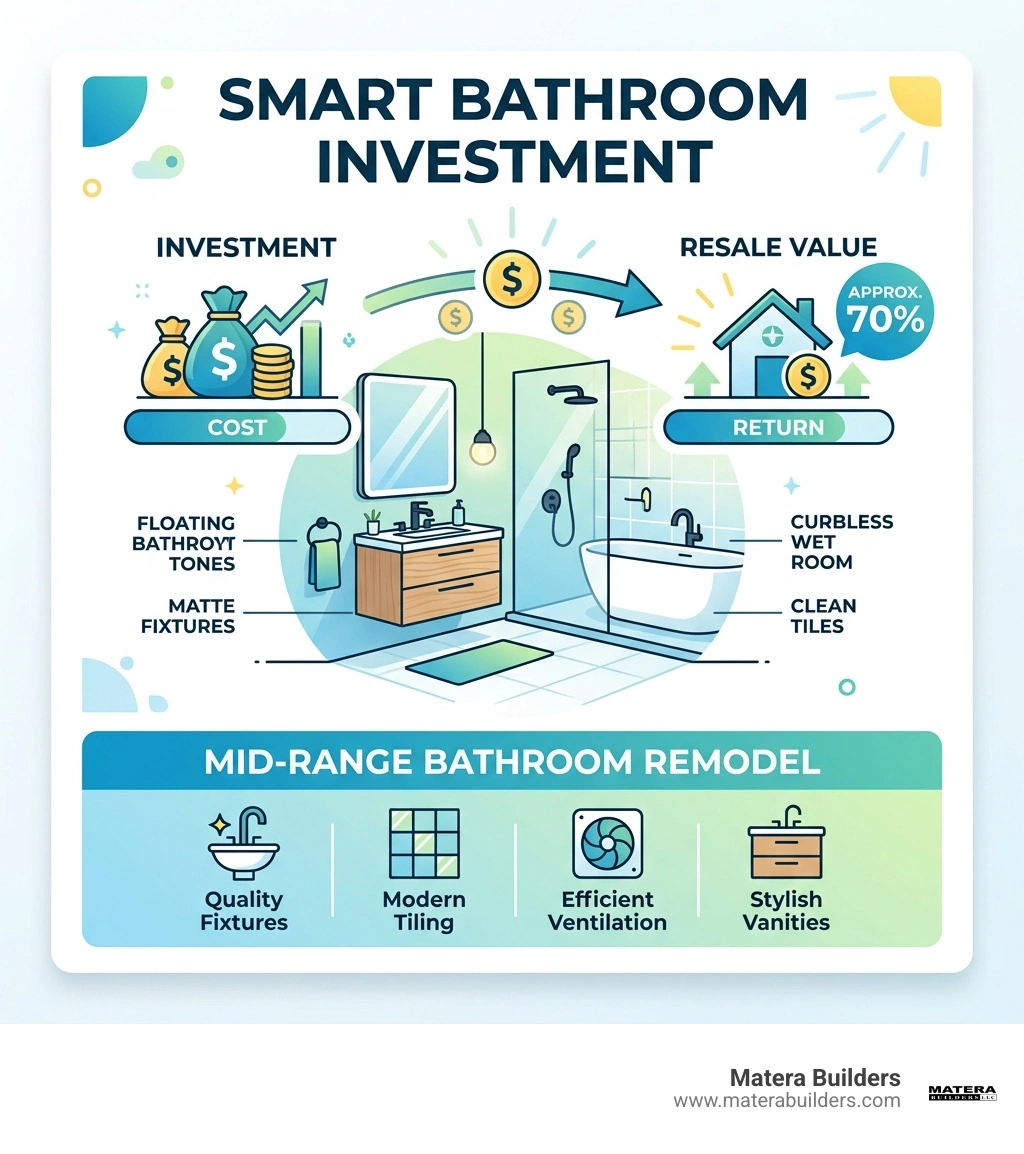 Stat: A mid-range bathroom remodel returns approximately 70% of its cost at resale - complete bathroom remodeling Stat: A mid-range bathroom remodel returns approximately 70% of its cost at resale - complete bathroom remodeling