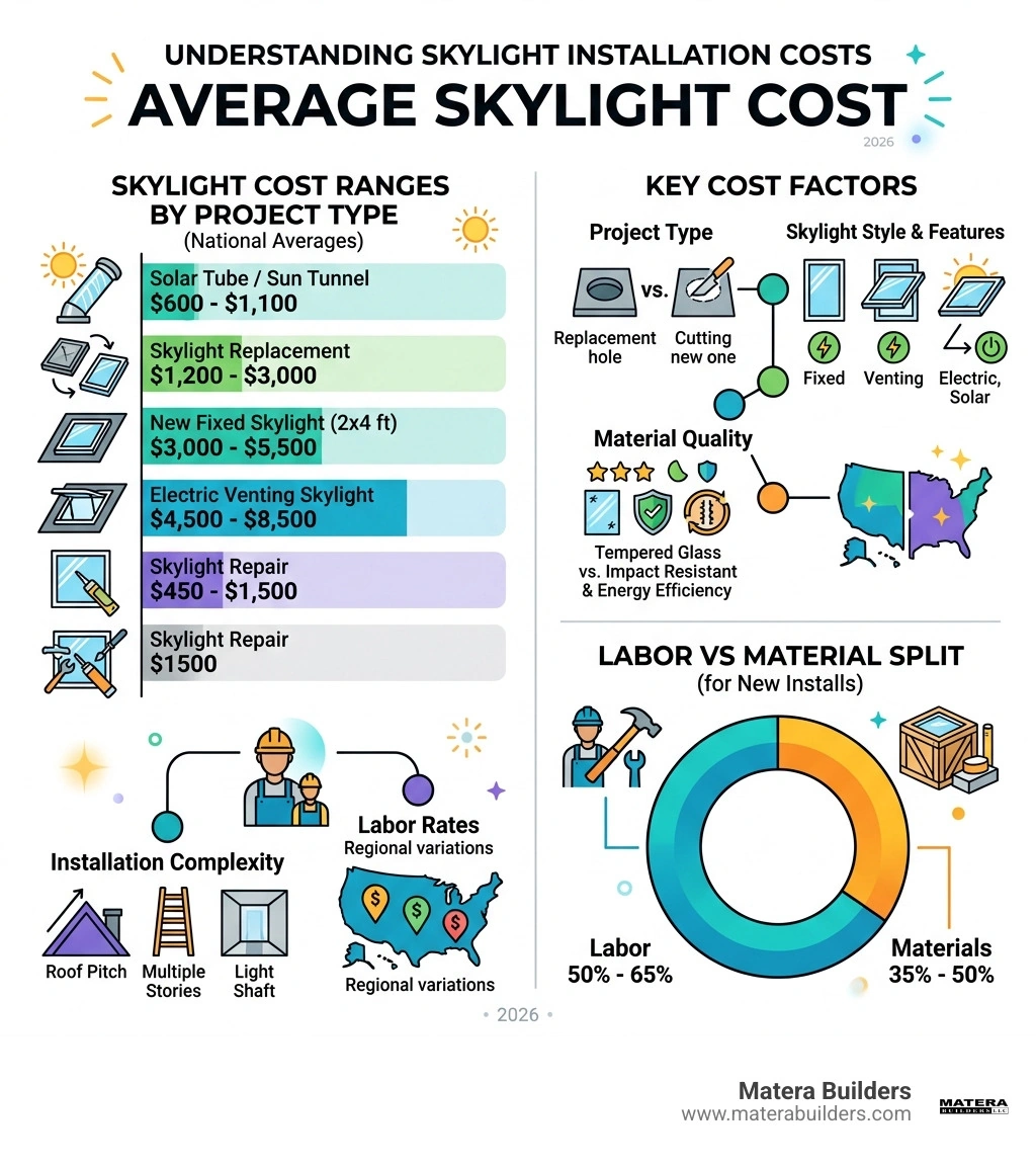 Infographic showing skylight cost ranges by project type, key cost factors, and labor vs material split - average skylight Infographic showing skylight cost ranges by project type, key cost factors, and labor vs material split - average skylight