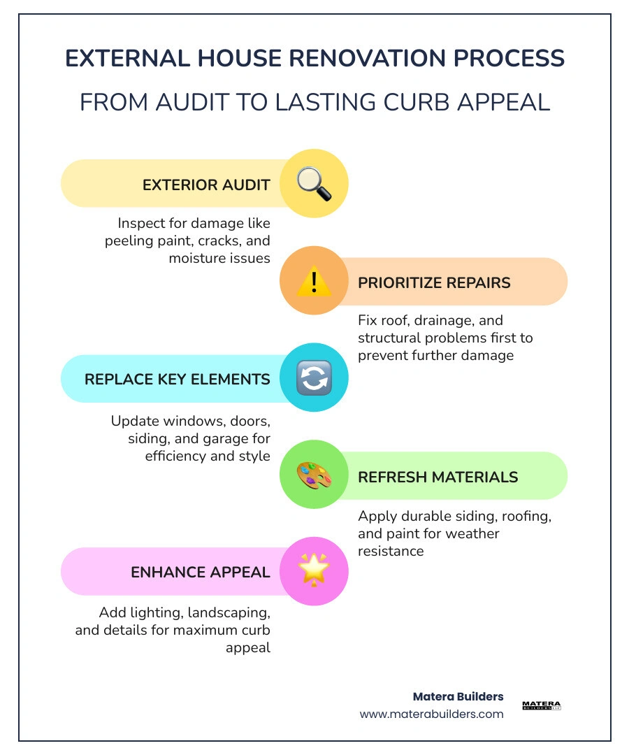 Steps and components of an external house renovation process from audit to landscaping infographic Steps and components of an external house renovation process from audit to landscaping infographic