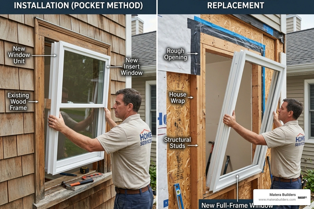 Image comparing insert vs full-frame window installation methods Image comparing insert vs full-frame window installation methods