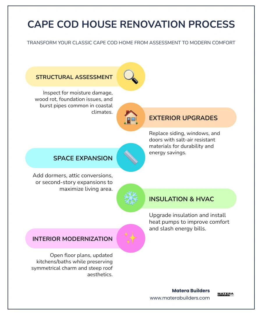 Infographic showing Cape Cod renovation process from structural assessment to exterior upgrades to interior modernization Infographic showing Cape Cod renovation process from structural assessment to exterior upgrades to interior modernization