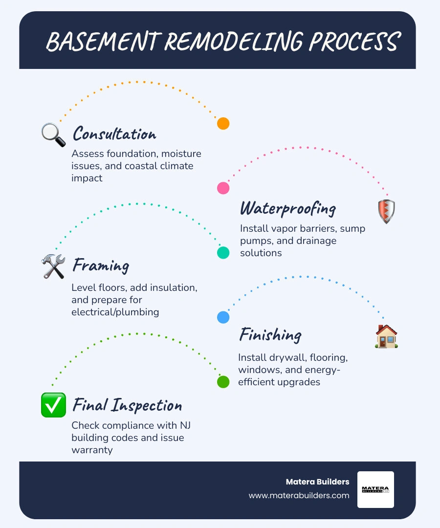 5-step basement remodeling process infographic showing consultation, waterproofing, framing, finishing, and final inspection 5-step basement remodeling process infographic showing consultation, waterproofing, framing, finishing, and final inspection