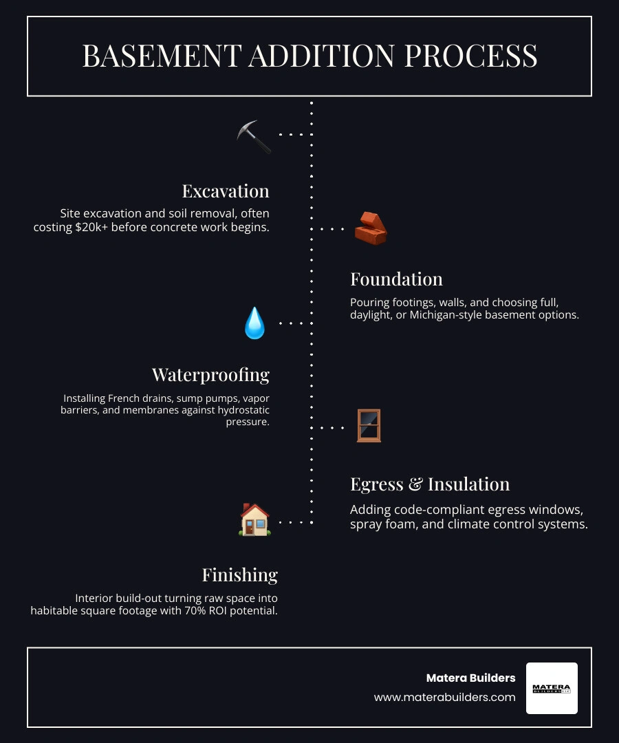 Infographic showing the basement addition process from excavation to finishing with costs and timeline infographic Infographic showing the basement addition process from excavation to finishing with costs and timeline infographic