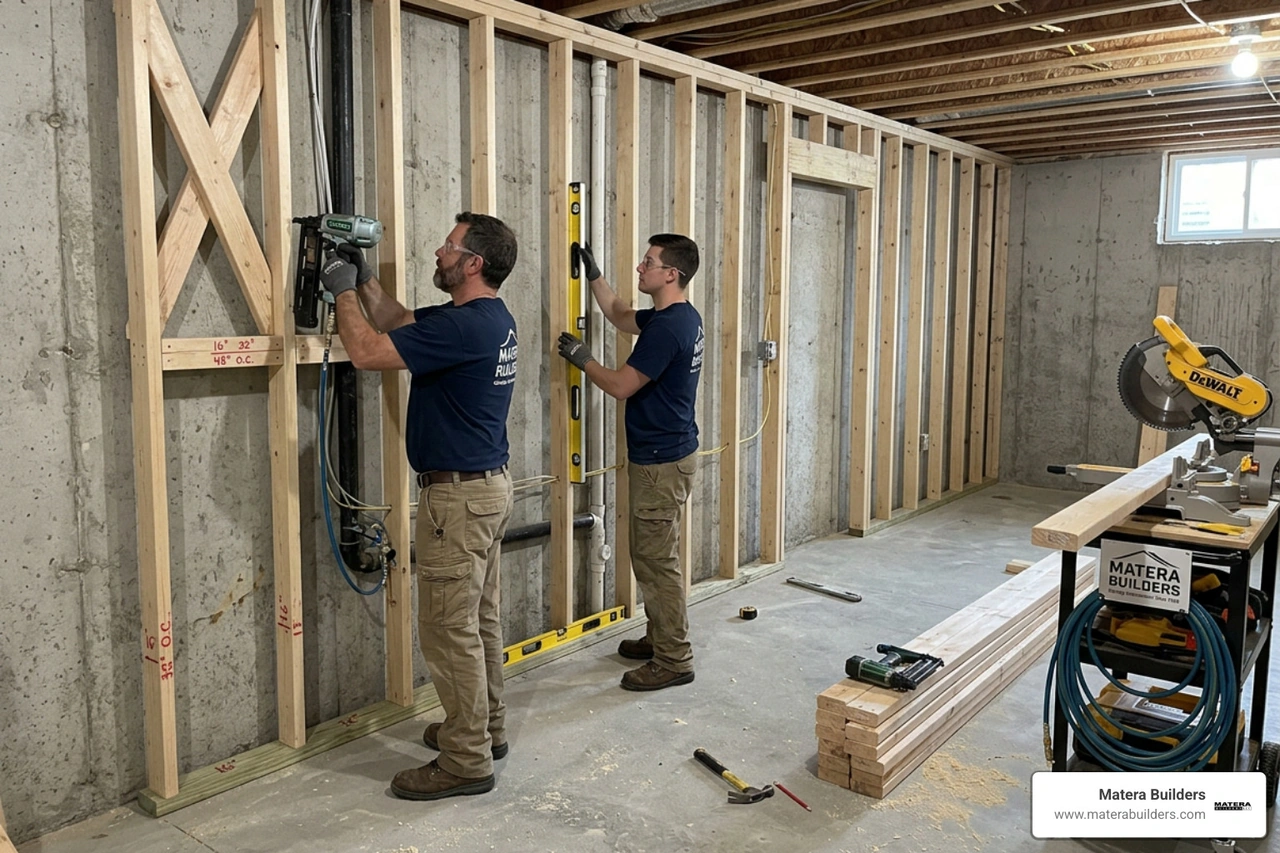 Framing basement walls using 16-inch on-center wood studs and pressure-treated bottom plates