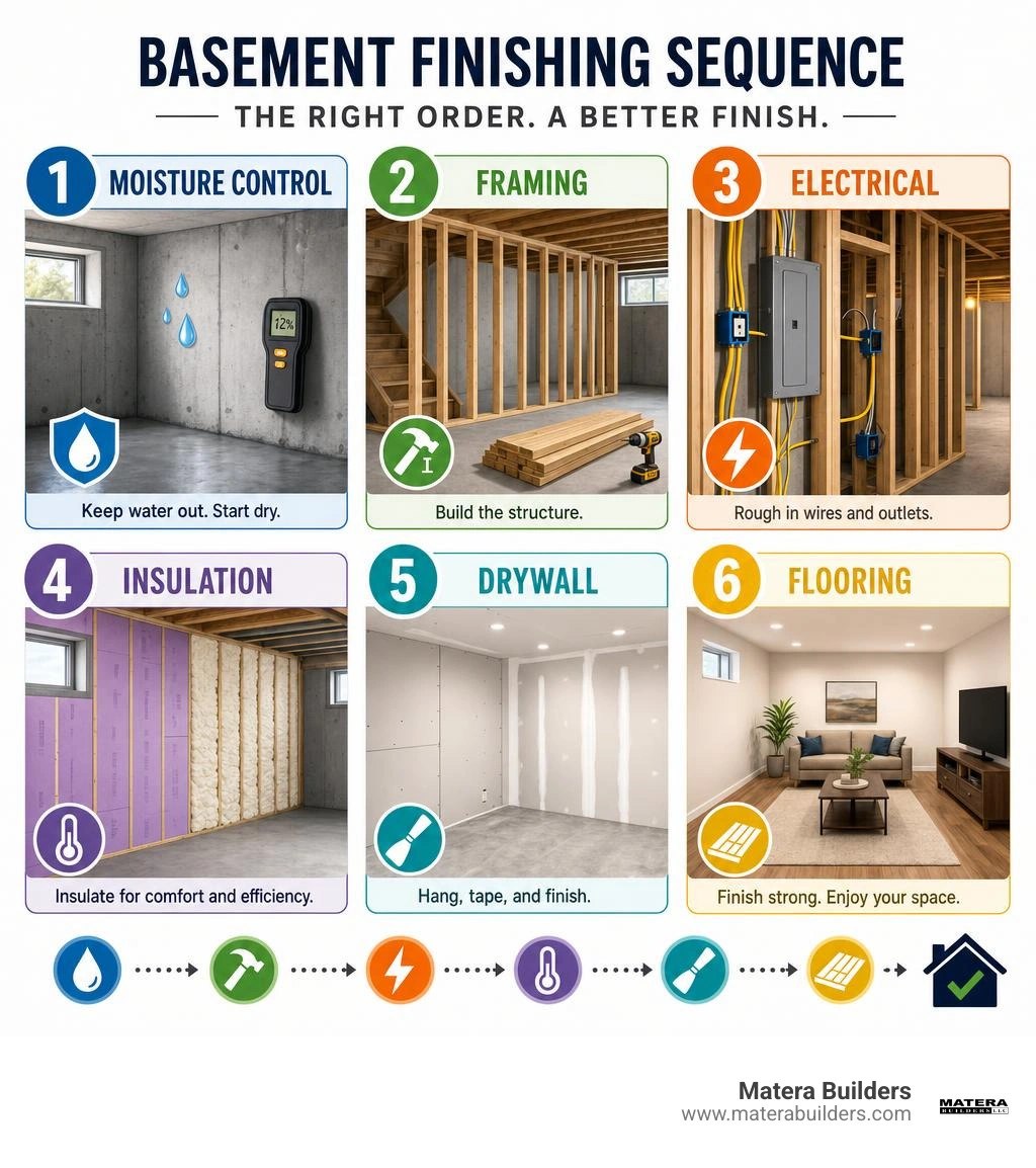 Basement finishing sequence infographic: moisture control, framing, electrical, insulation, drywall, flooring infographic
